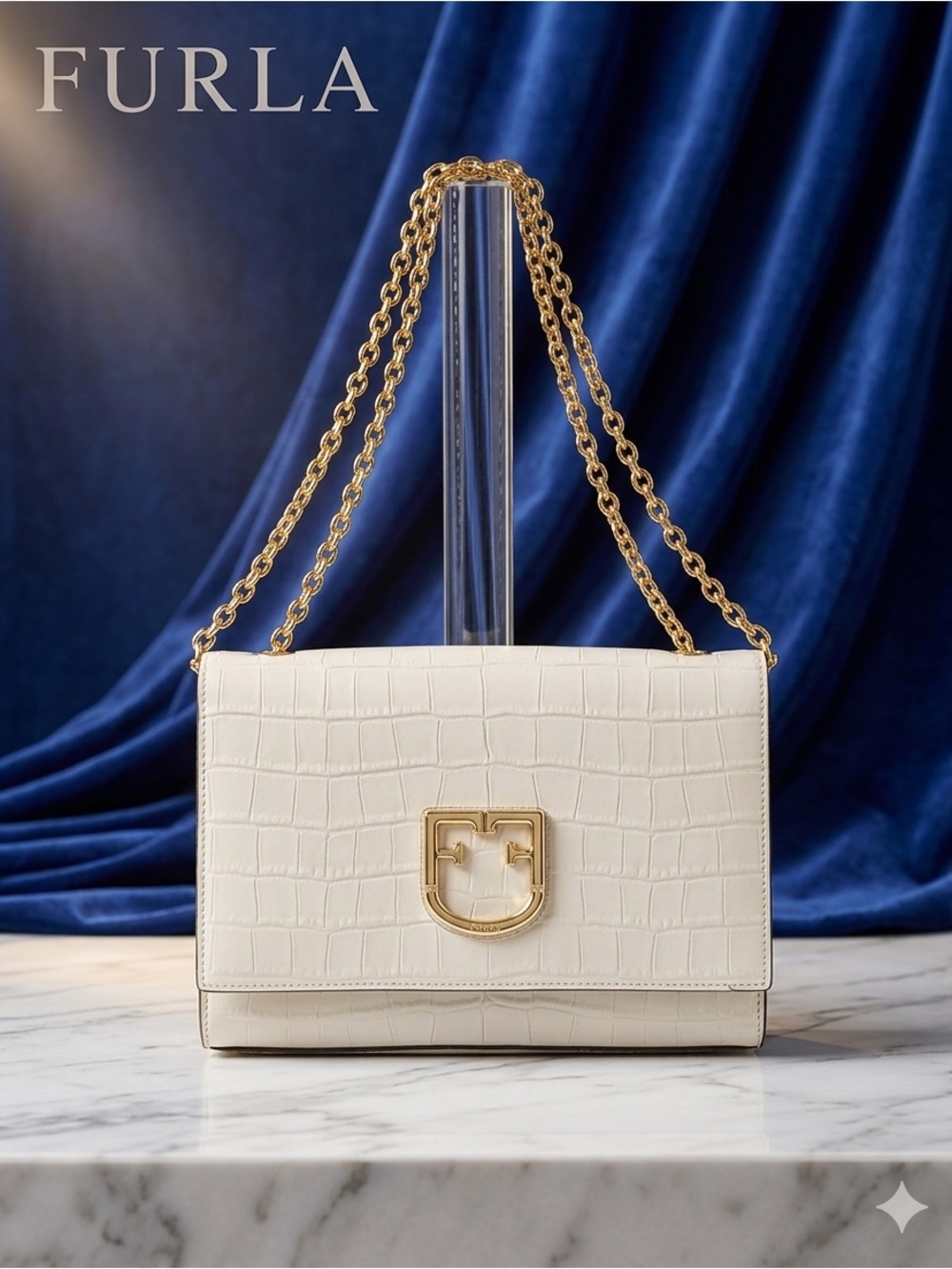 FURLA Viva Cream Croc-Embossed Shoulder/ Crossbody Bag w/Adjustable Gold Chain